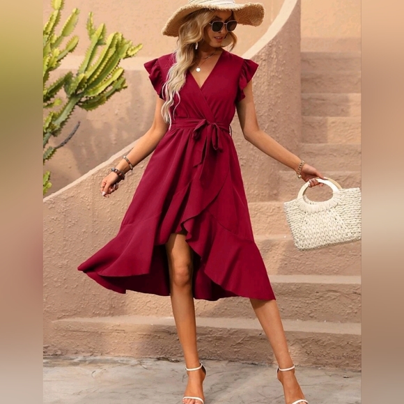 New Boho Ruffle Wrap Dress High Low Burgundy Red - Picture 5 of 8
